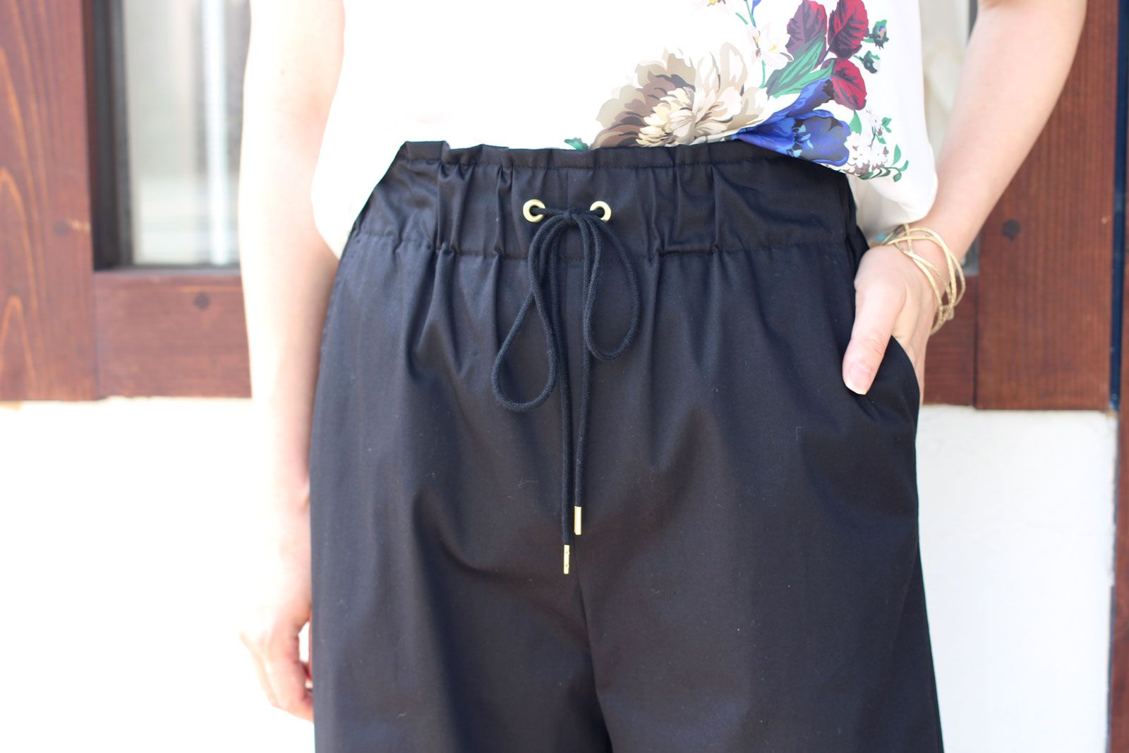 綿麻ツイルストレッチワイドパンツ ブラック