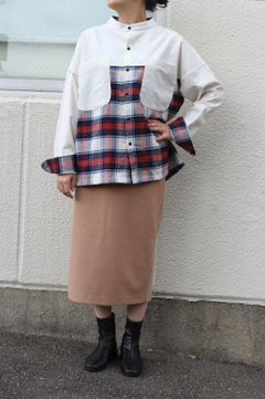 先染20sピエラチェック×ネル表面起毛 LIBRE WORKS チェック柄切り替えシャツ オフxネイビーxレッド
