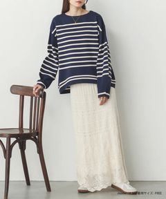 スポンディッシュ柄編みボーダーニット ネイビー