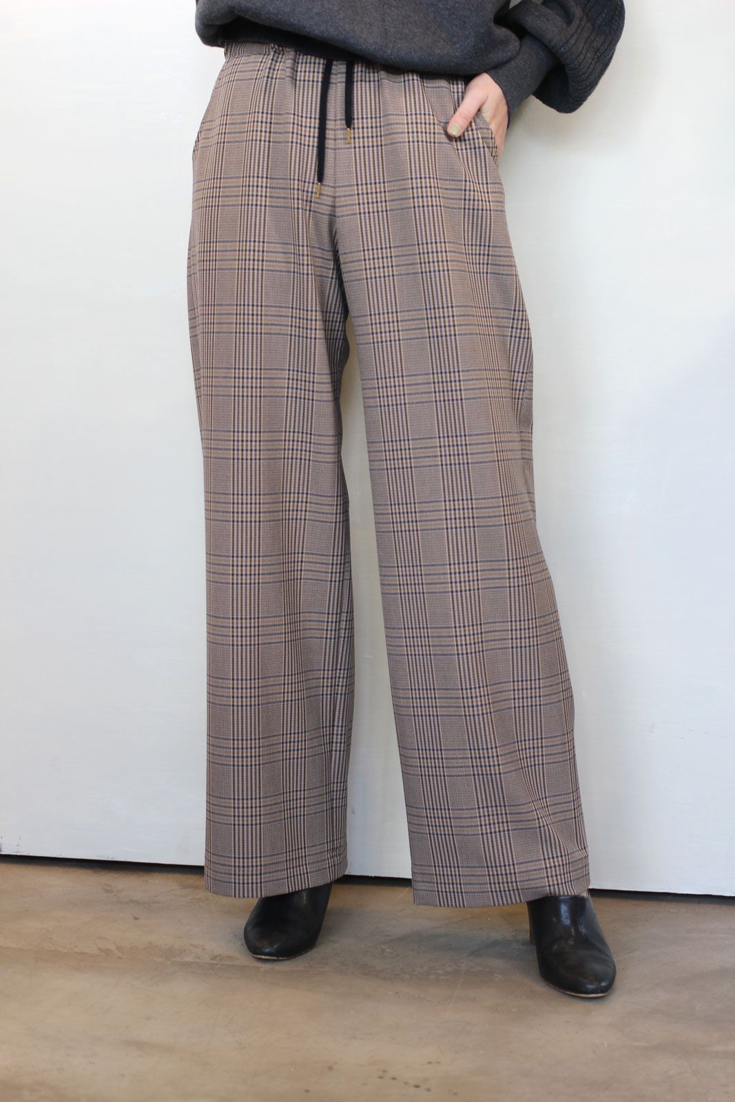 ソフトサーモチェック裏起毛ワイドパンツ ブラウンチェック