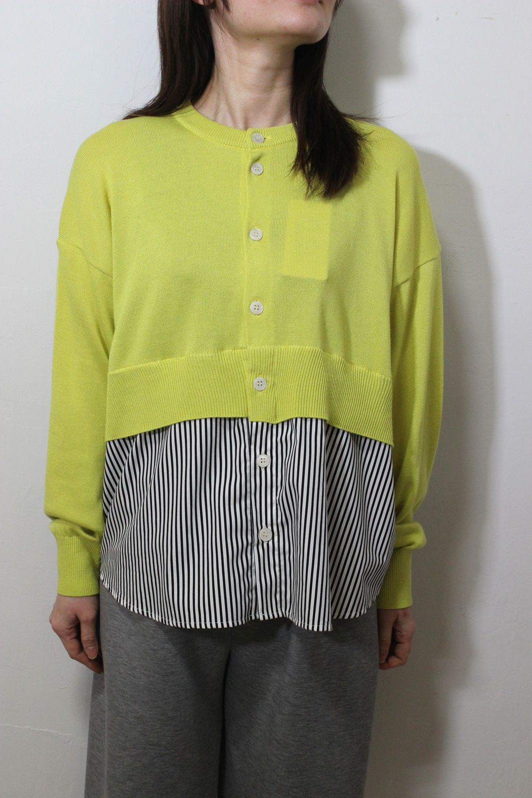 綿レーヨンシルク コンビネーションカーディガン イエローグリーンxブラックストライプ