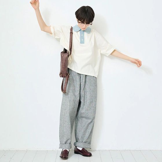 綿麻チェックノッポパンツ オフxブラック