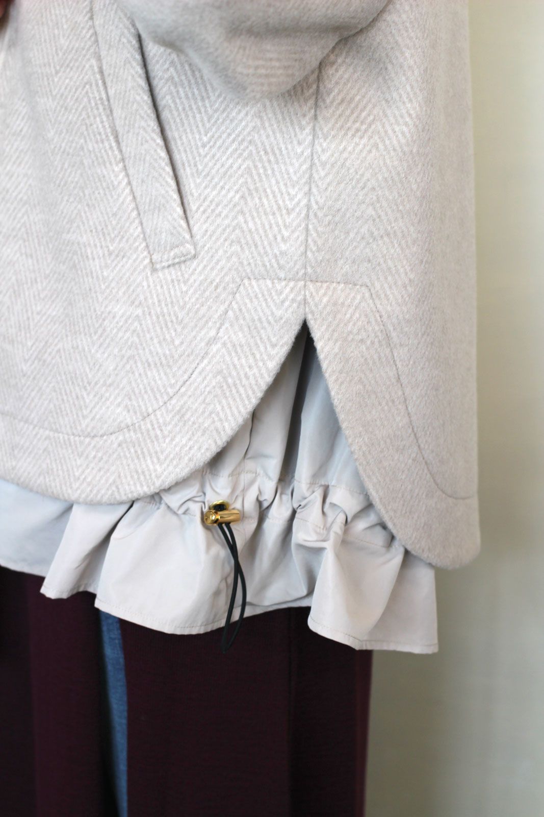 WOOLLETヘリンボン3WAY丸首ショートコート ライトベージュ