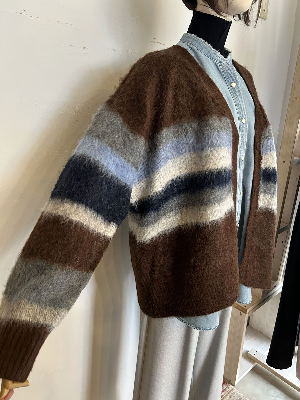 起毛シャギーニット ボーダーカーデ ブラウン