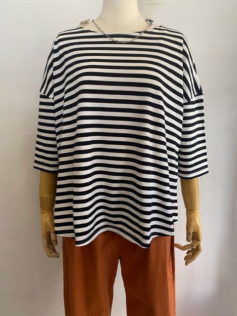 天竺BDミナミラウンドシャツ オフ×ブラック