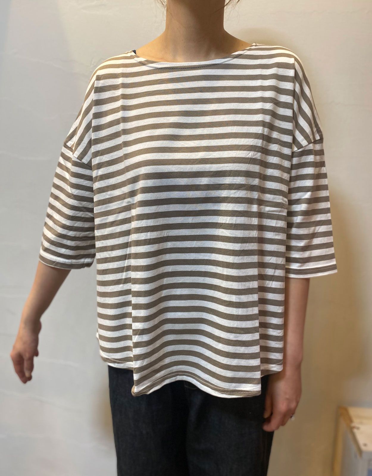 天竺BDミナミラウンドシャツ オフ×グレー