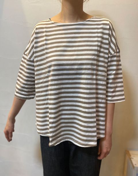 天竺BDミナミラウンドシャツ オフ×グレー