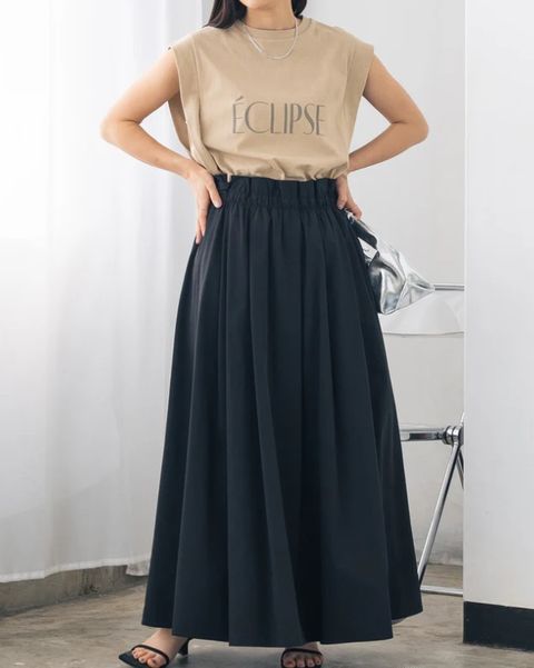 接触冷感タックフレアスカート ブラック