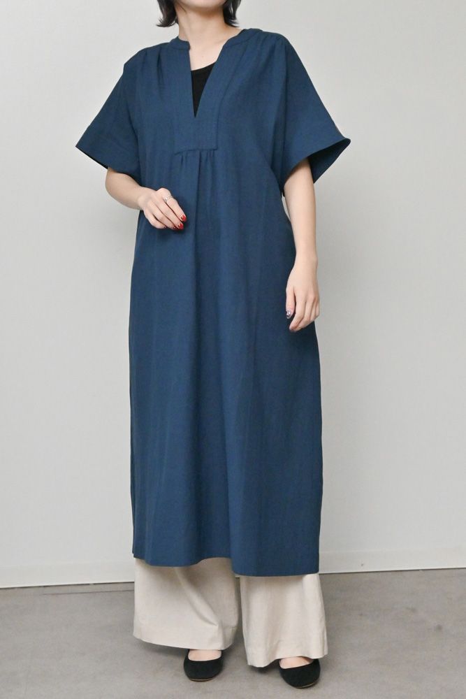 キーネックショートスリーブワンピース ダークブルー
