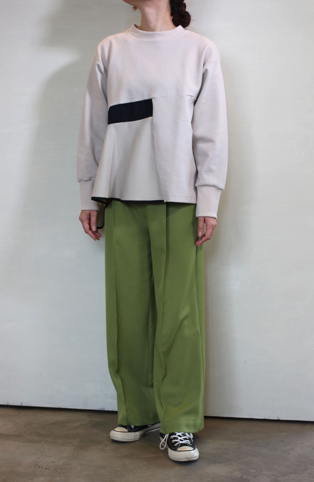 綾二重ストレッチワイドパンツ グリーンxベージュ