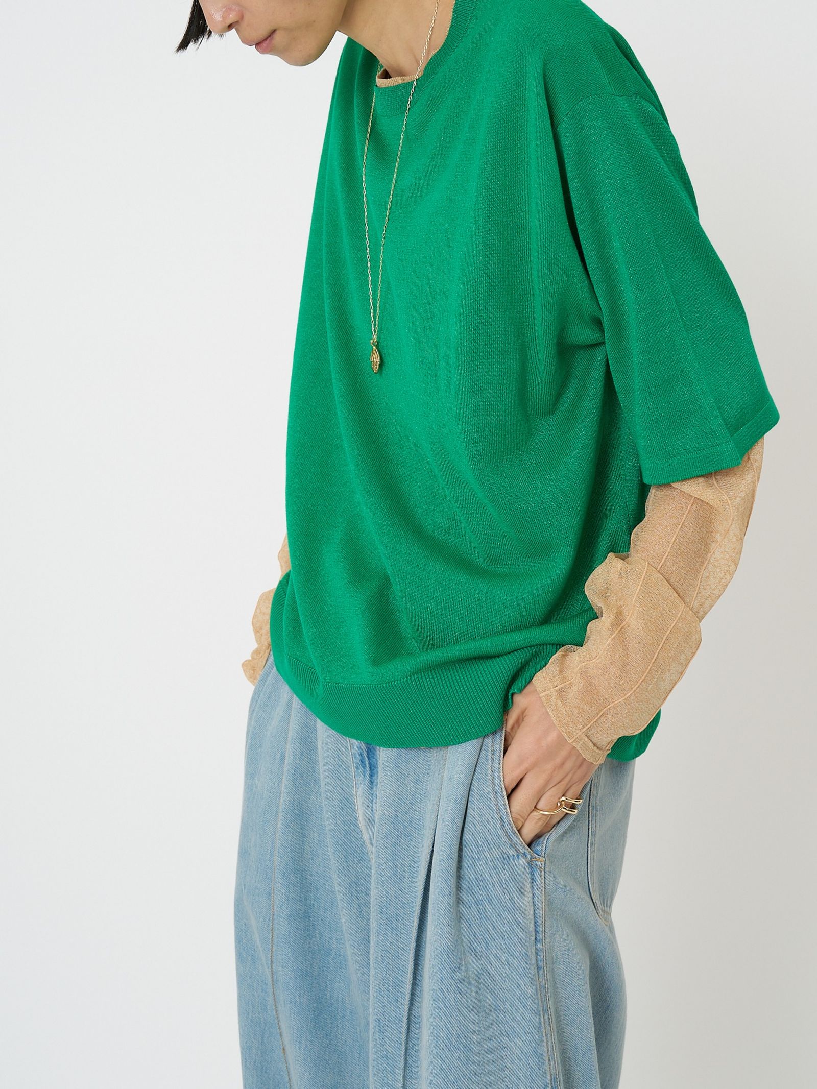 [9261-087GS] 衿配色ハーフスリーブニット グリーン