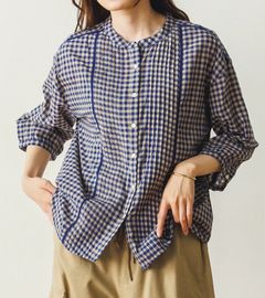 チェックピンタックブラウス ネイビー
