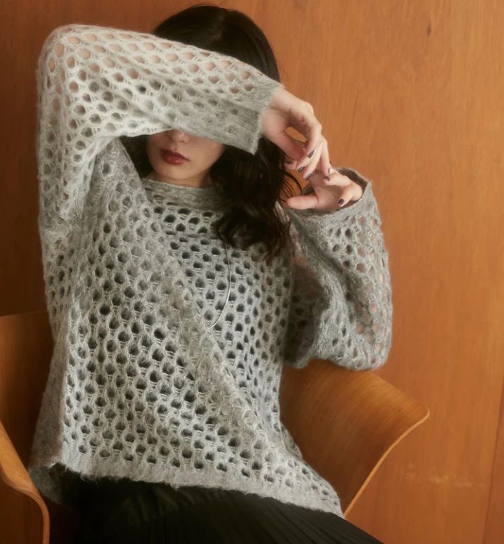メッシュ編みグラデーションモヘアニット グレー
