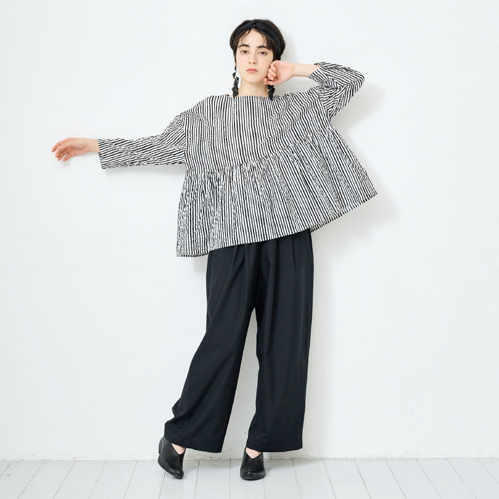 ローンリップル ストライプ ファッスンシャツ ブラックxオフ