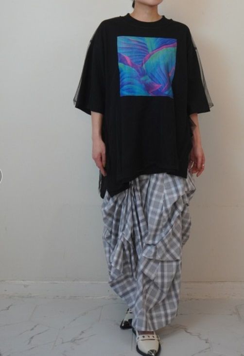 2WAYリーフフォトプリントレイヤードTシャツ ブラック
