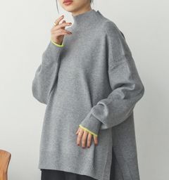 やわもちヤーン袖配色オーバータートルニット グレー