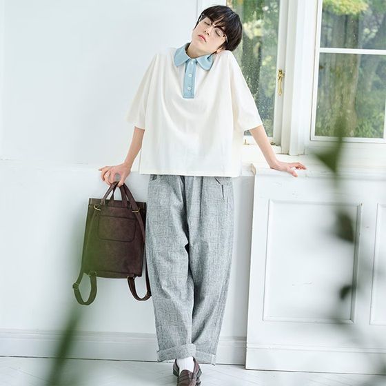 綿麻チェックノッポパンツ オフxブラック