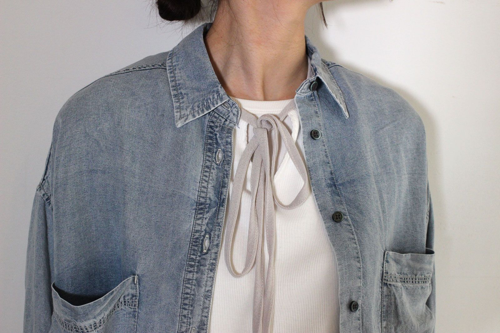 テンセルデニム製品染めオーバーサイズシャツ インディゴブルー