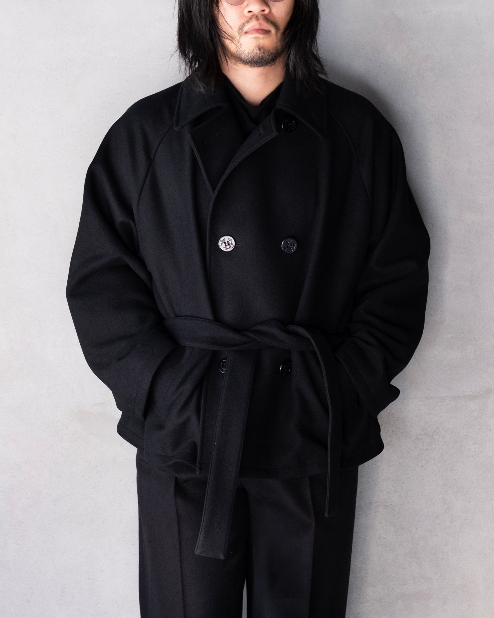 Wool Raglan Pea Coat / Black