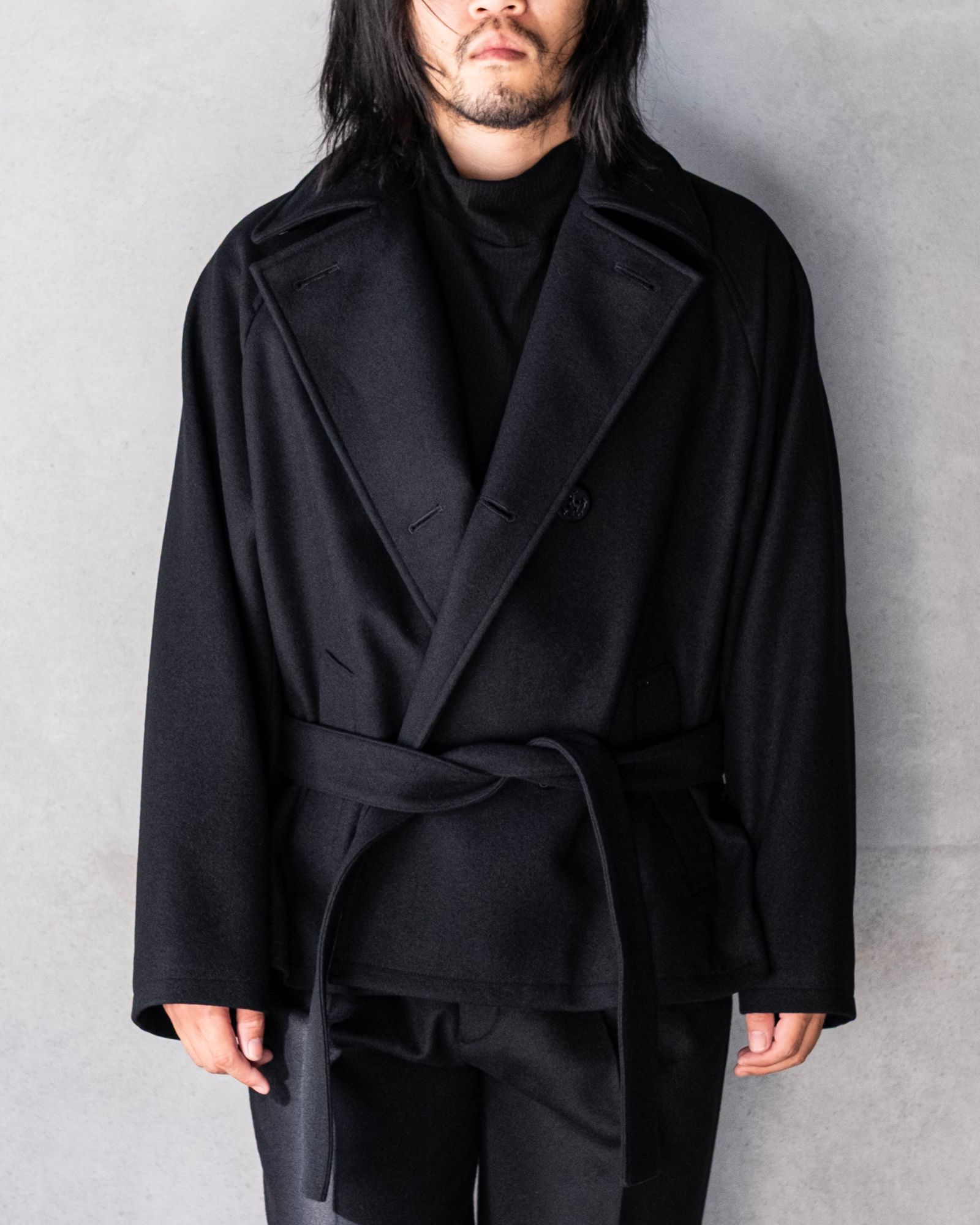 Wool Raglan Pea Coat / Black