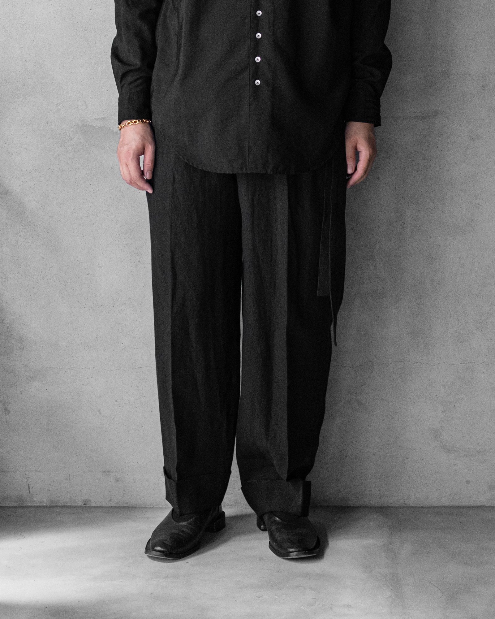 Linen Double Hem Pants with Matching Belt / Black