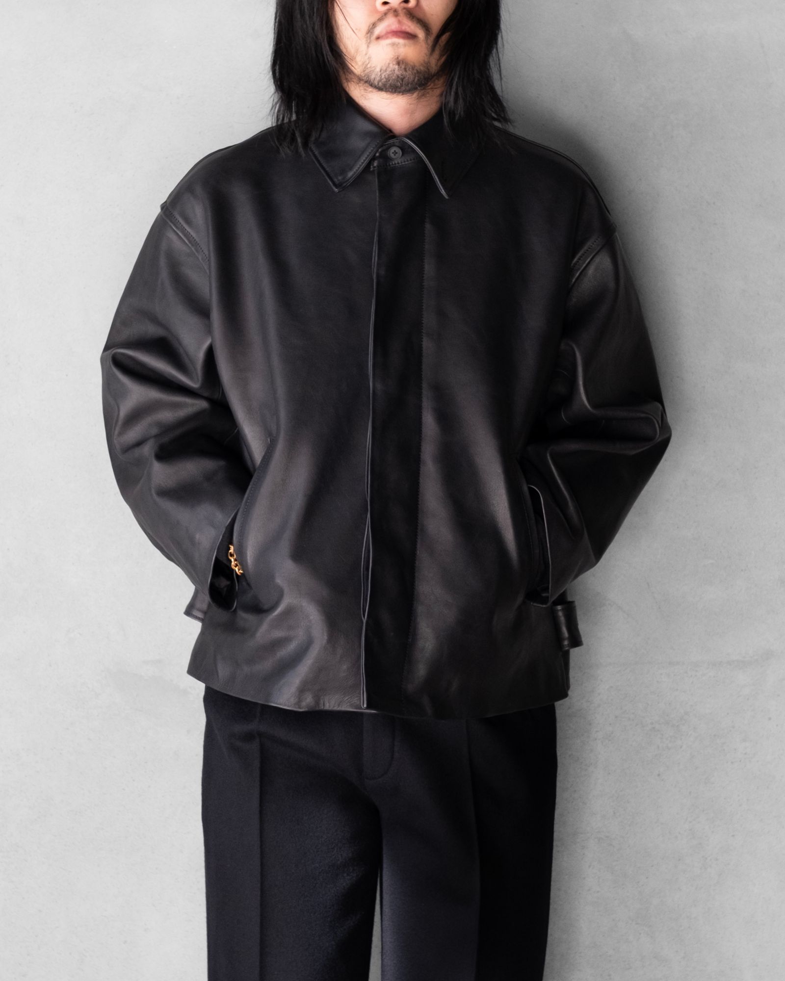 Leather Wide Elbow Coat / Black