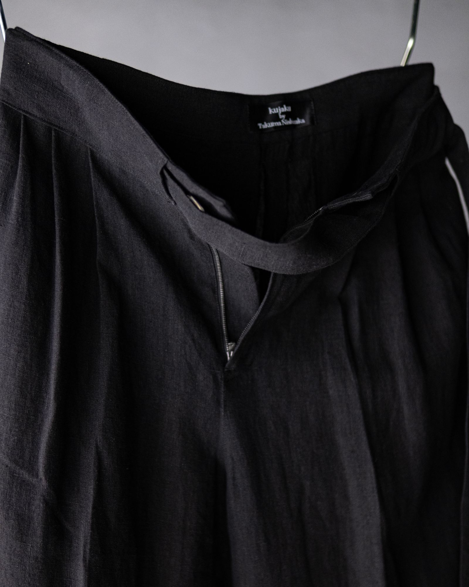 Linen Double Hem Pants with Matching Belt / Black