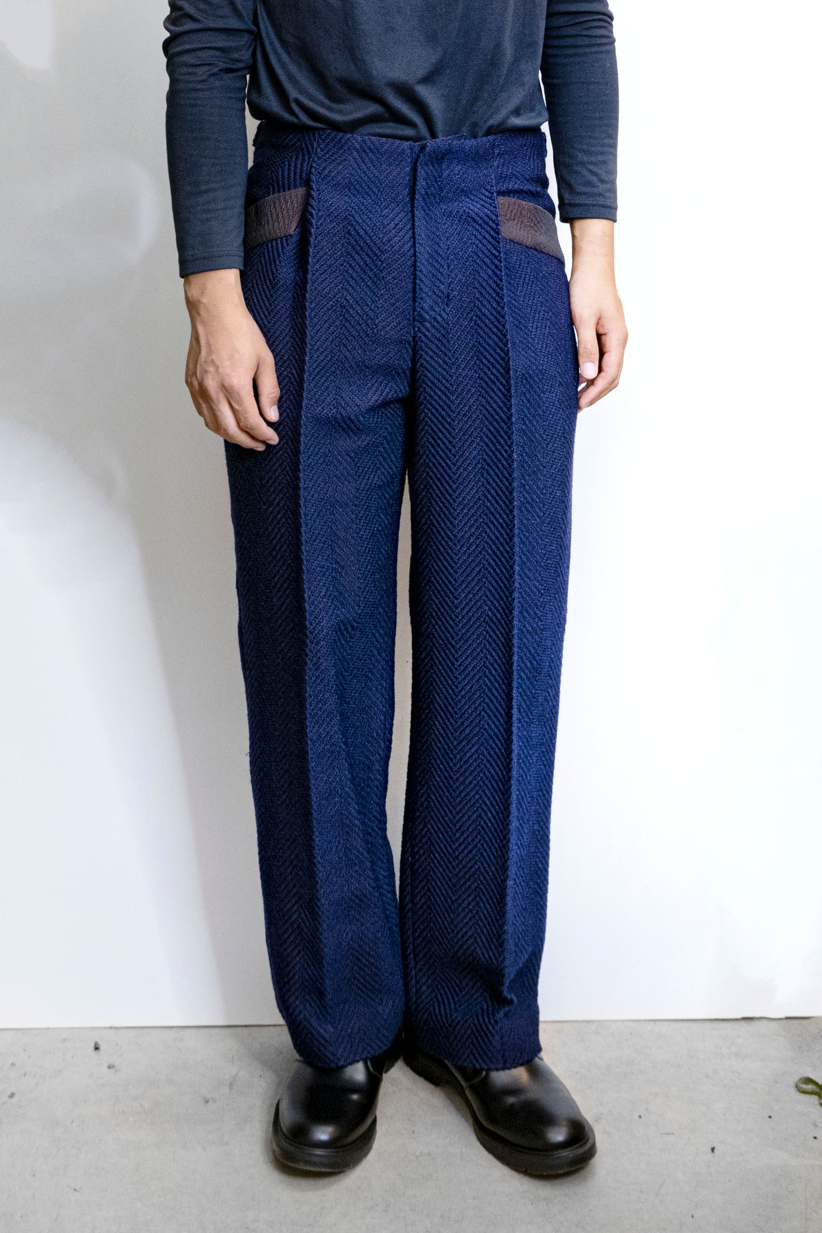 Wool Herringbone Wide Pants / ウールヘリンボーンジャカードワイドパンツ - ROYAL BLUE