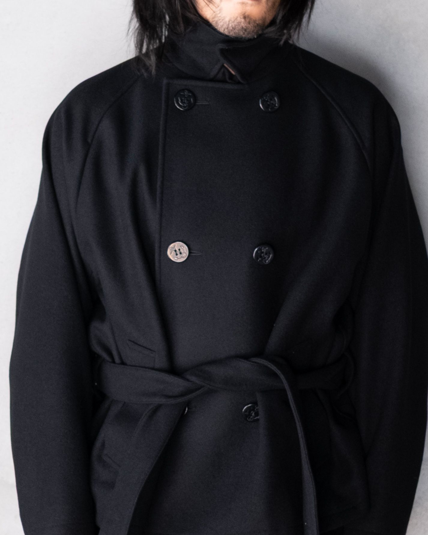 Wool Raglan Pea Coat / Black