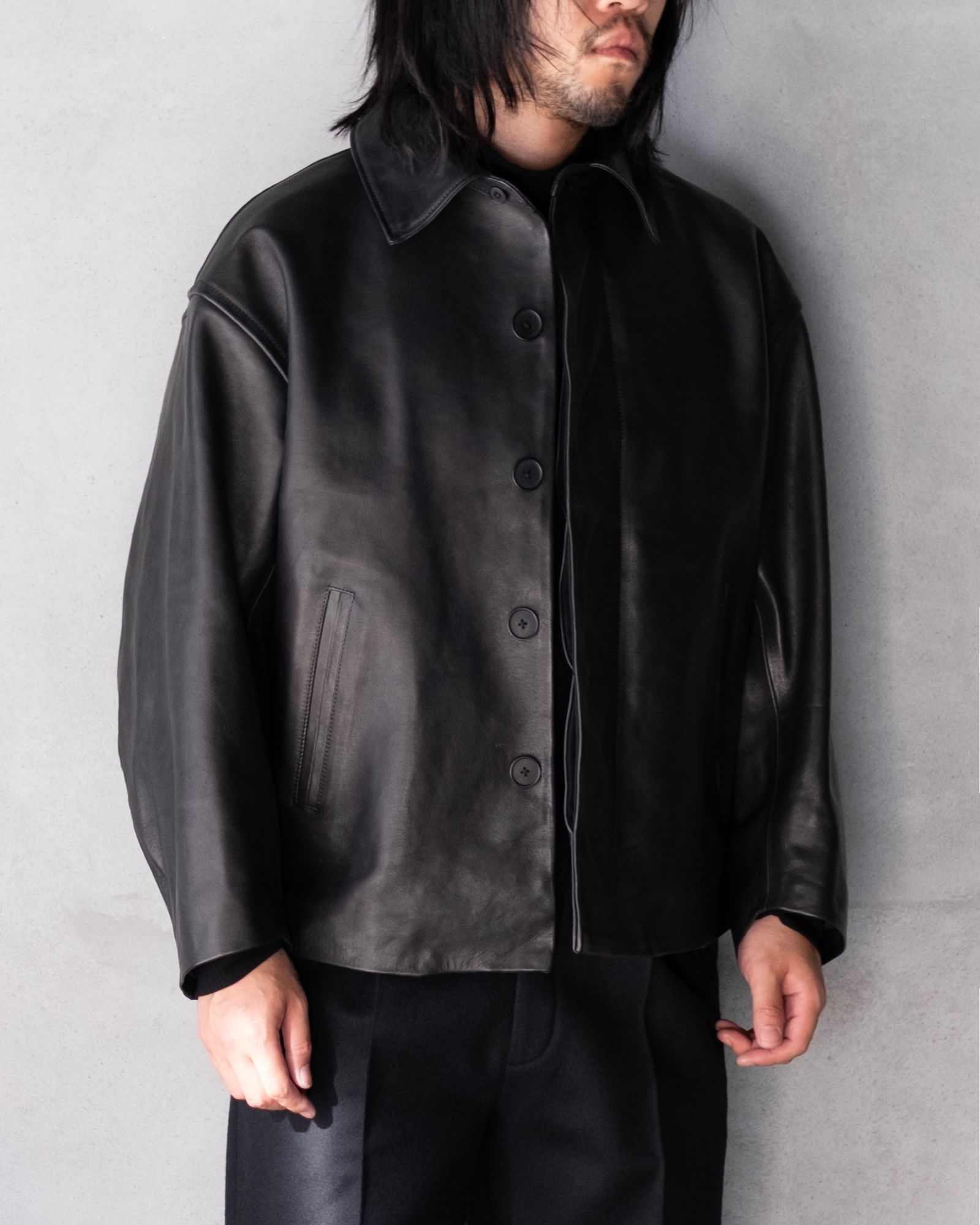 Leather Wide Elbow Coat / Black