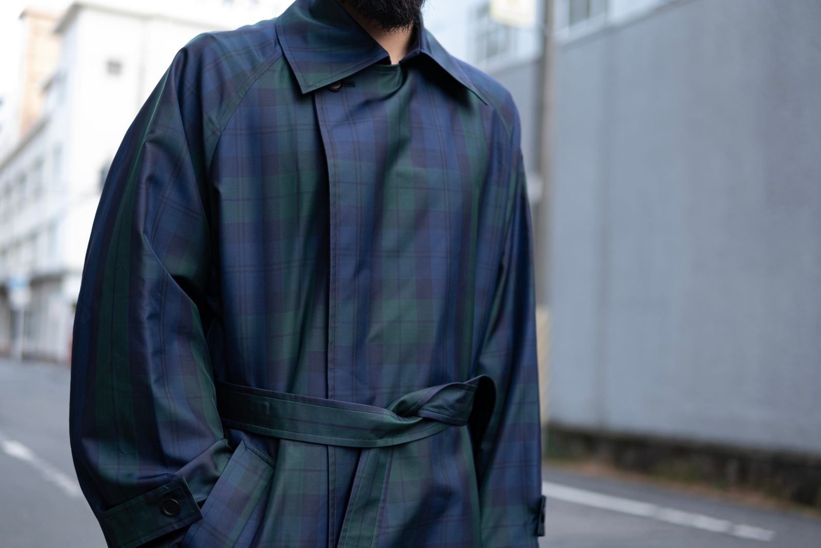 Blanc YM - Silk Black Watch Wrap Trench Coat / Blue×Green