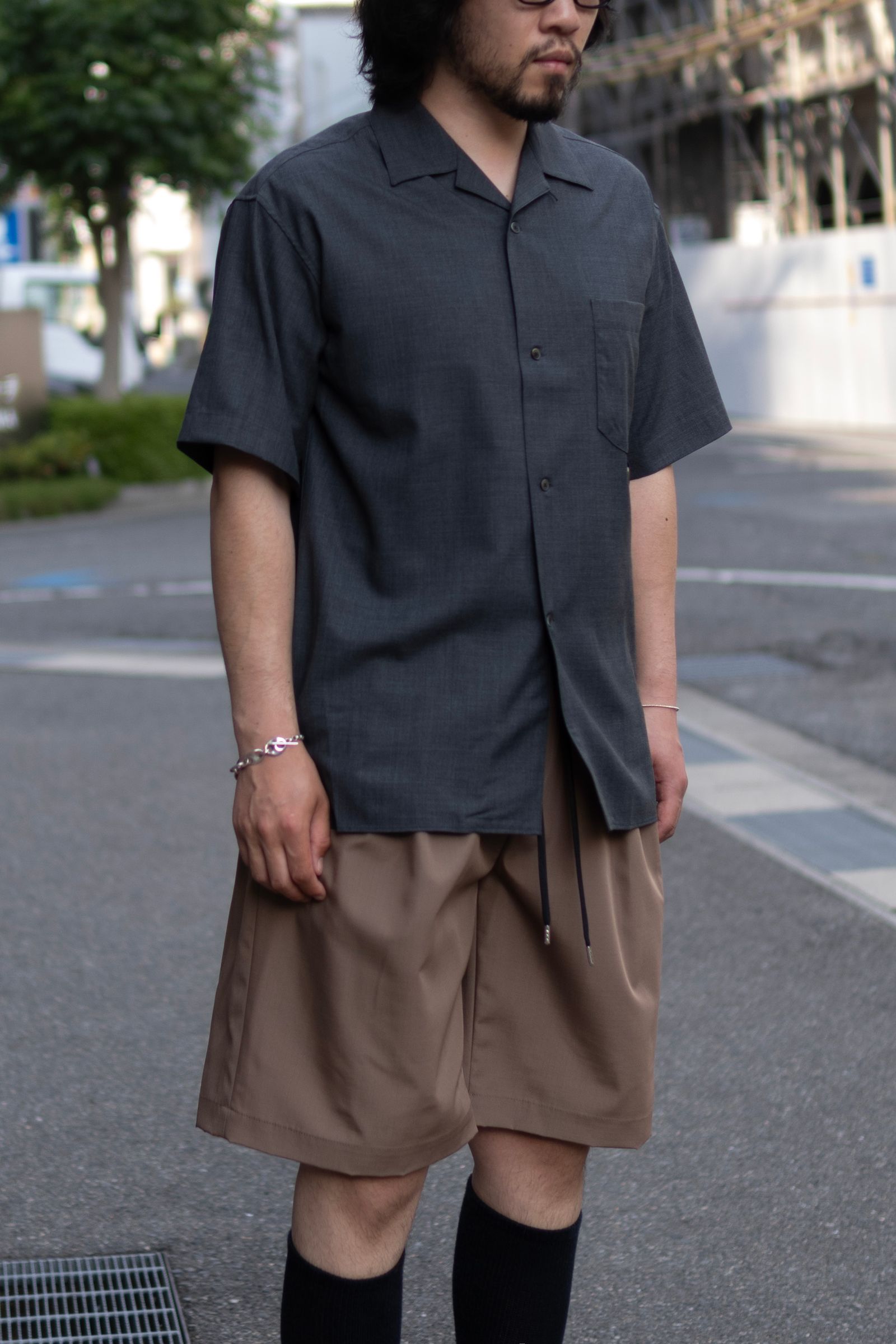 Wool Open Collar Shirt / Charcoal