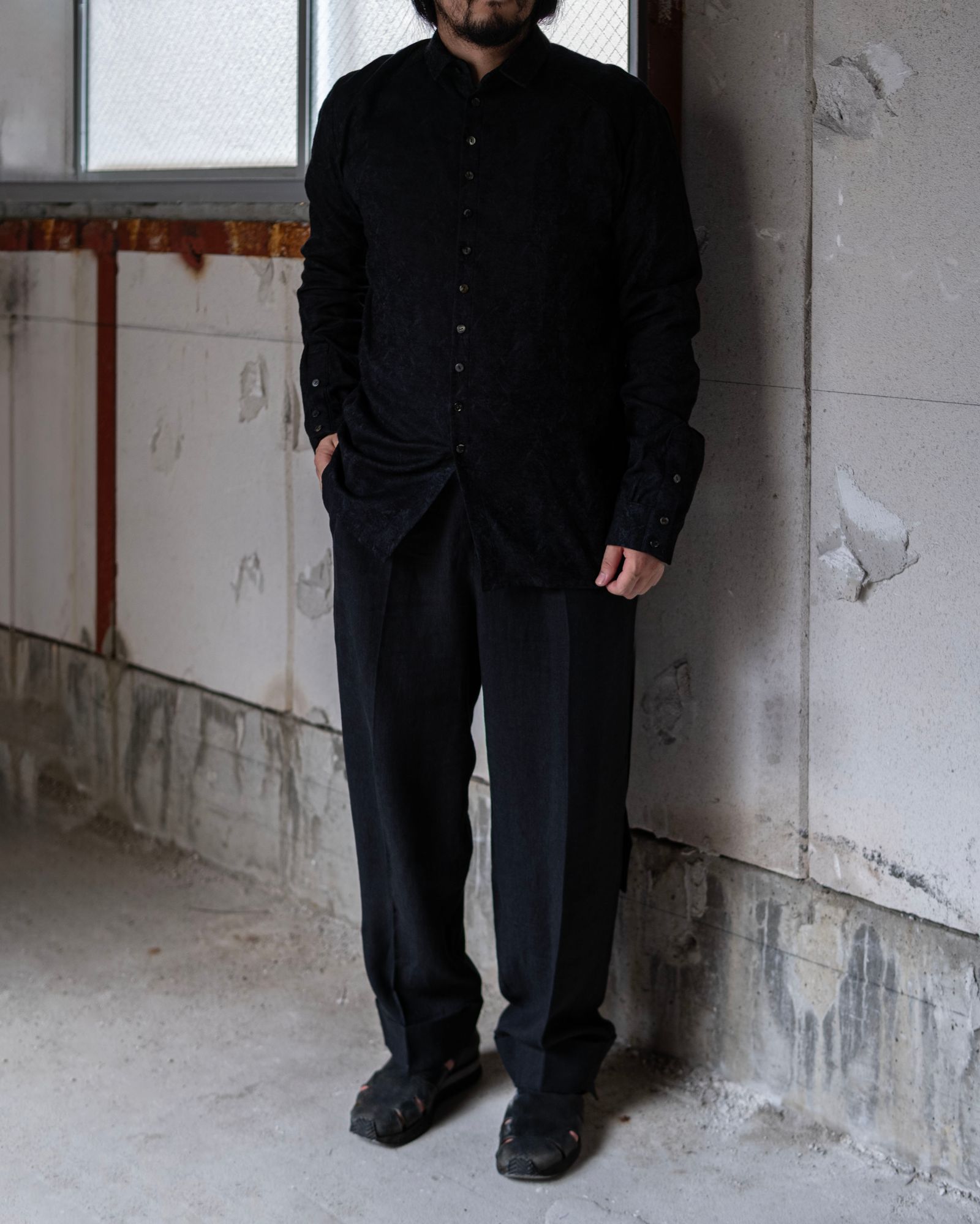 Linen Double Hem Pants with Matching Belt / Black