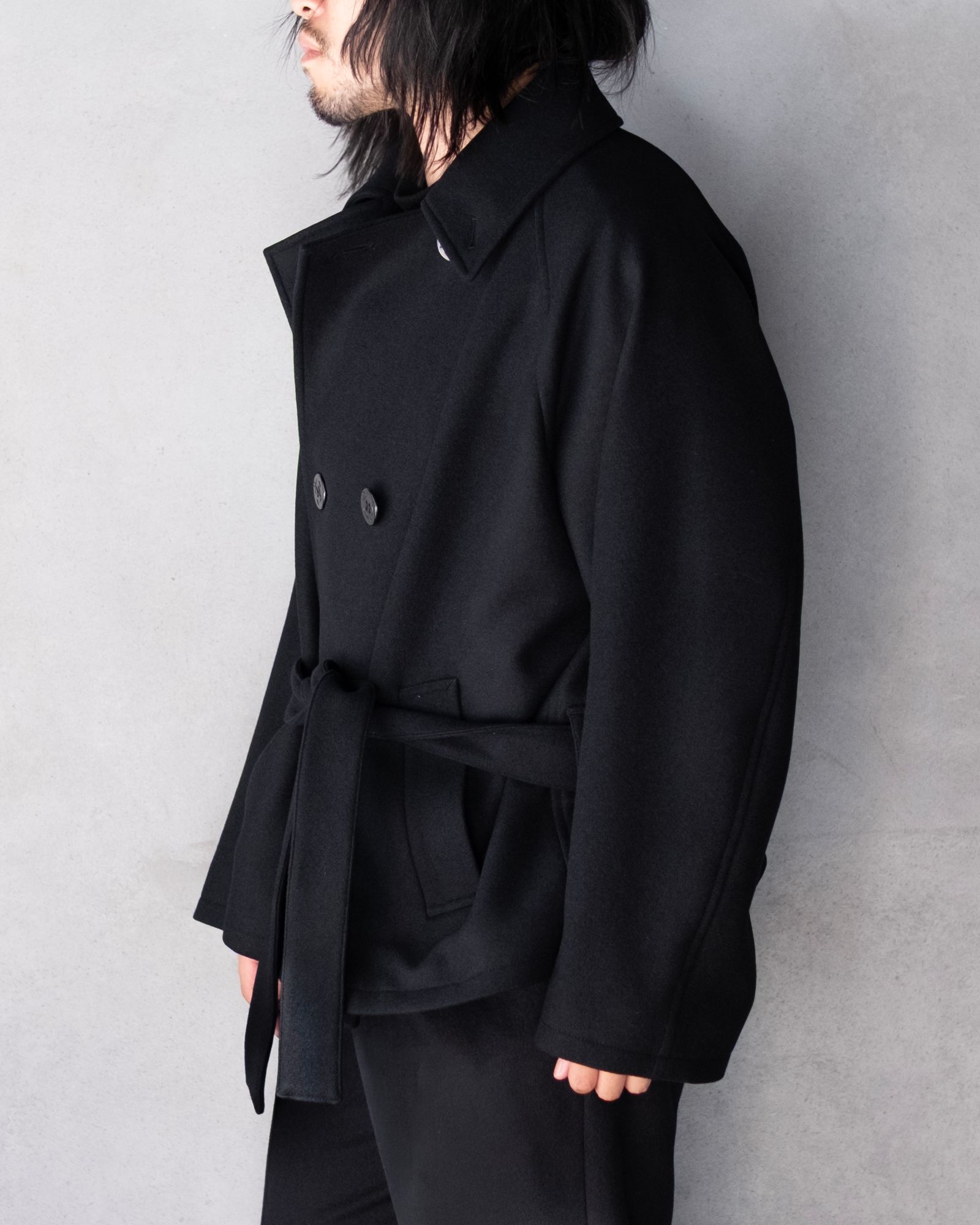 Wool Raglan Pea Coat / Black