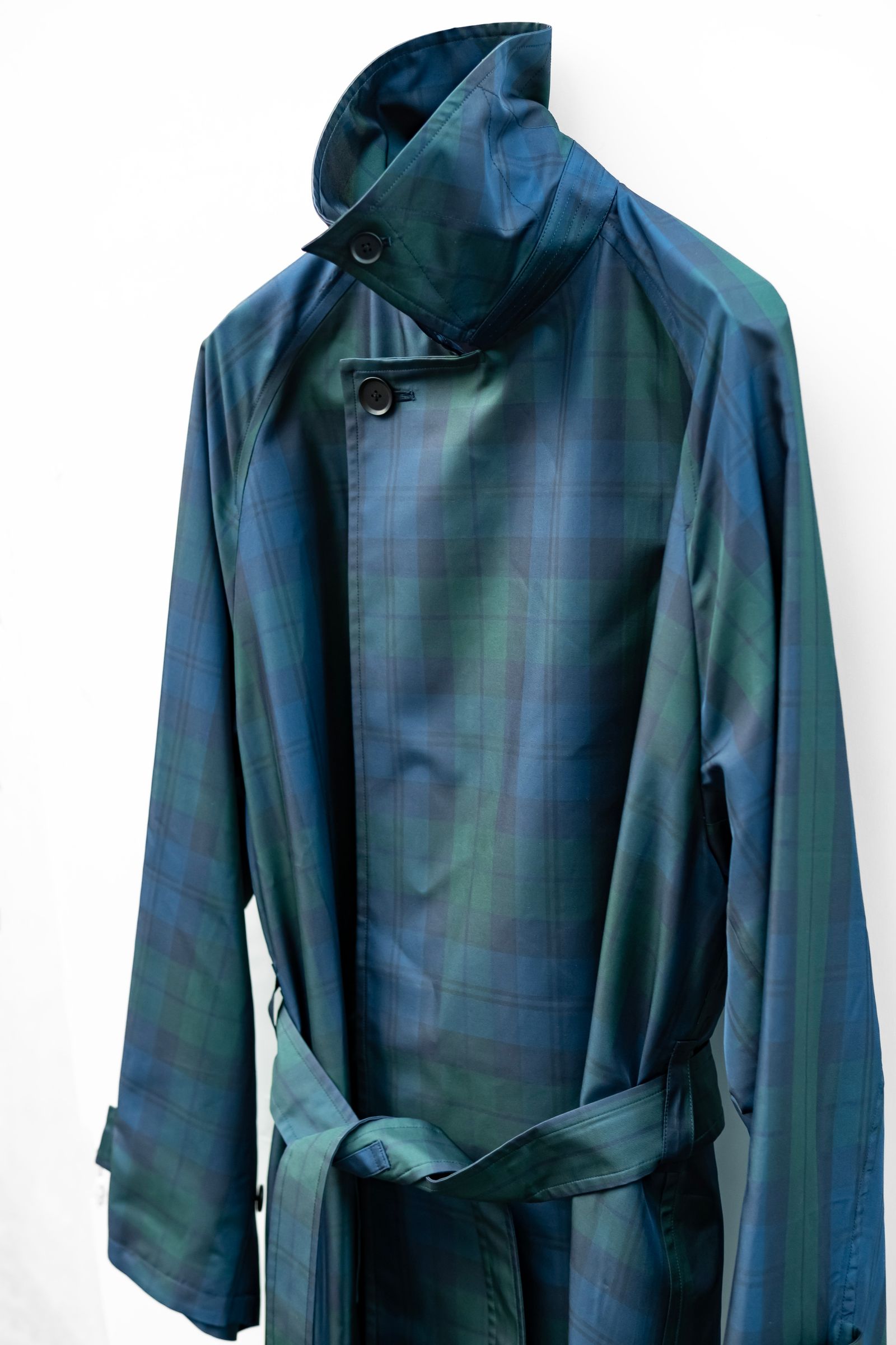 Blanc YM - Silk Black Watch Wrap Trench Coat / Blue×Green