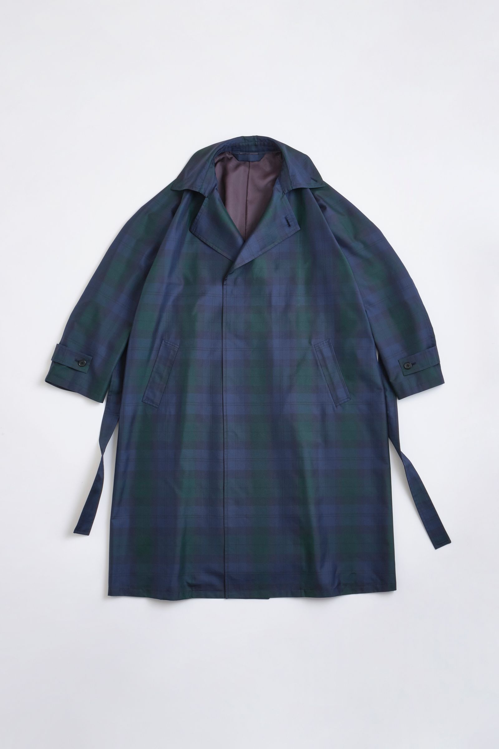 Blanc YM - Silk Black Watch Wrap Trench Coat / Blue×Green