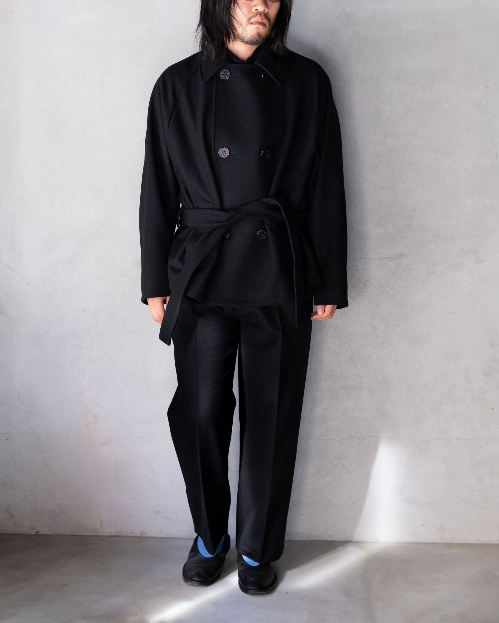 Wool Raglan Pea Coat / Black
