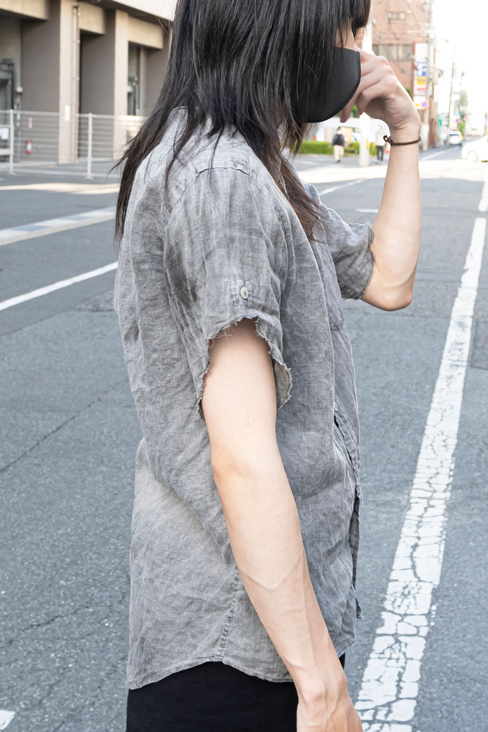 Remake "sumizome" Cutoff linen shirt