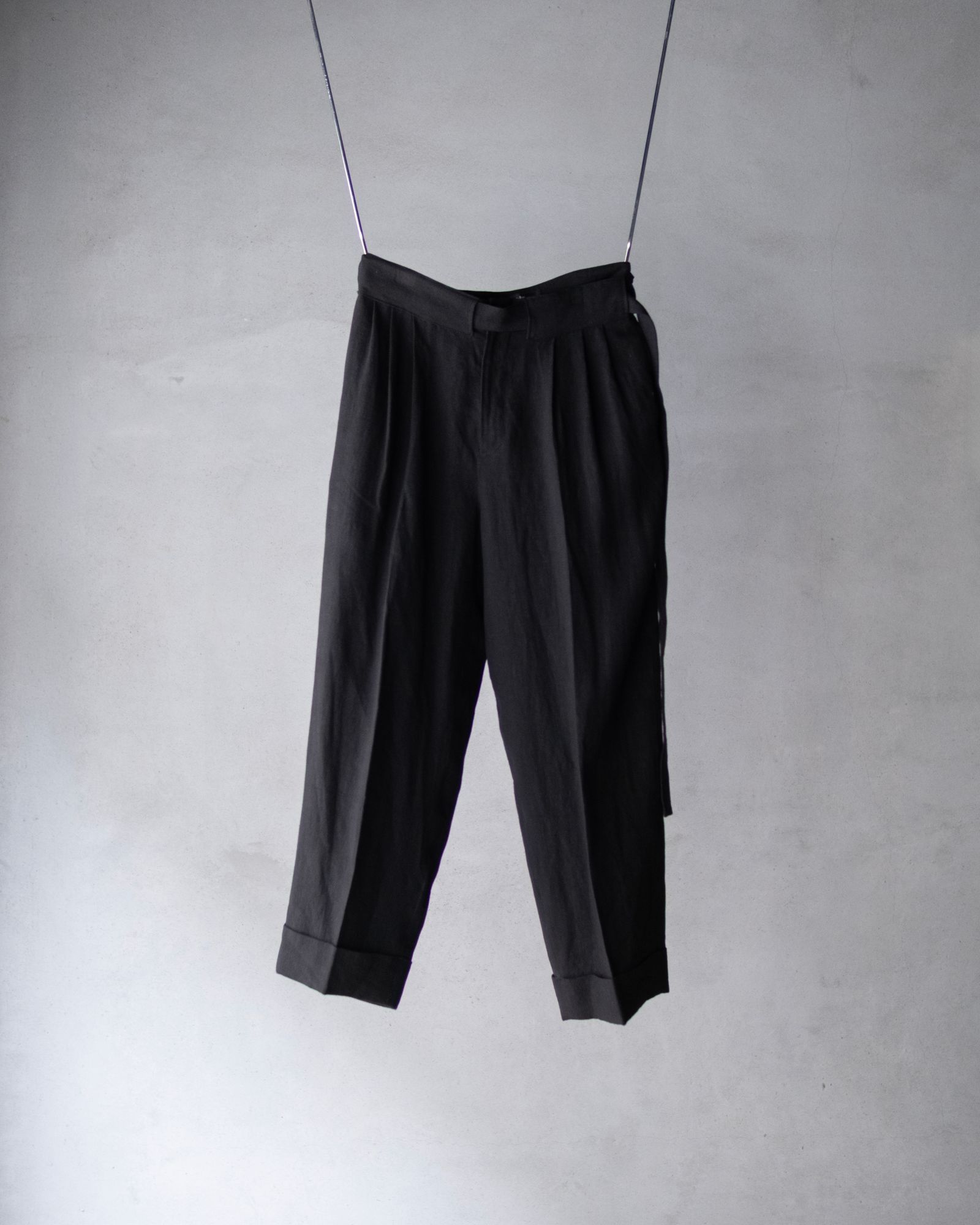 Linen Double Hem Pants with Matching Belt / Black
