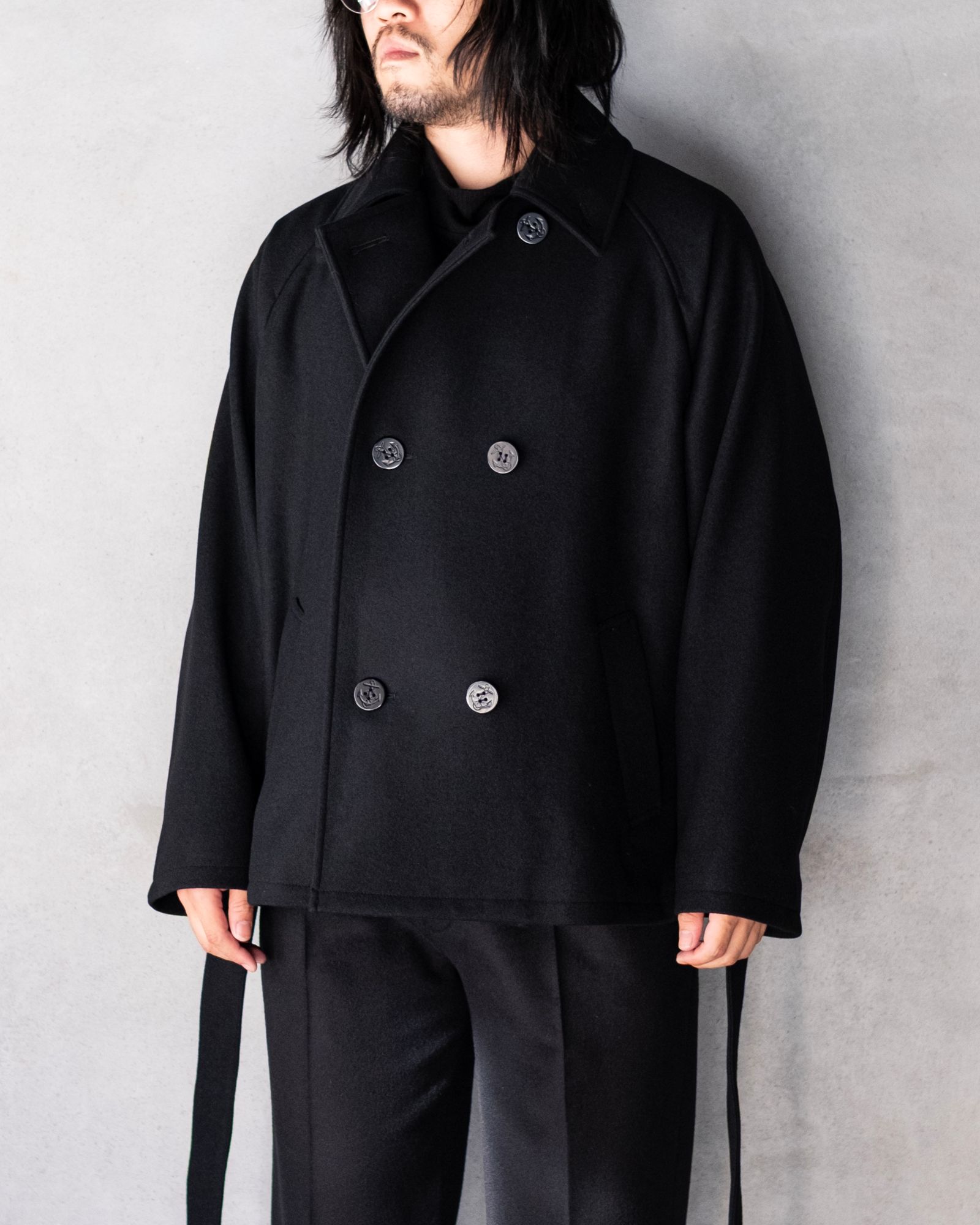 Wool Raglan Pea Coat / Black