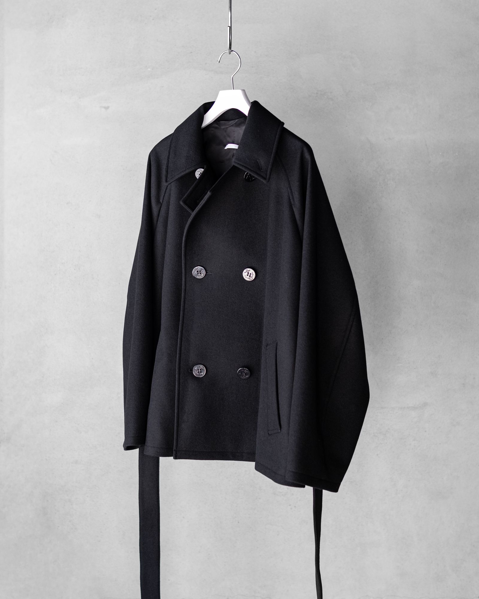 Wool Raglan Pea Coat / Black