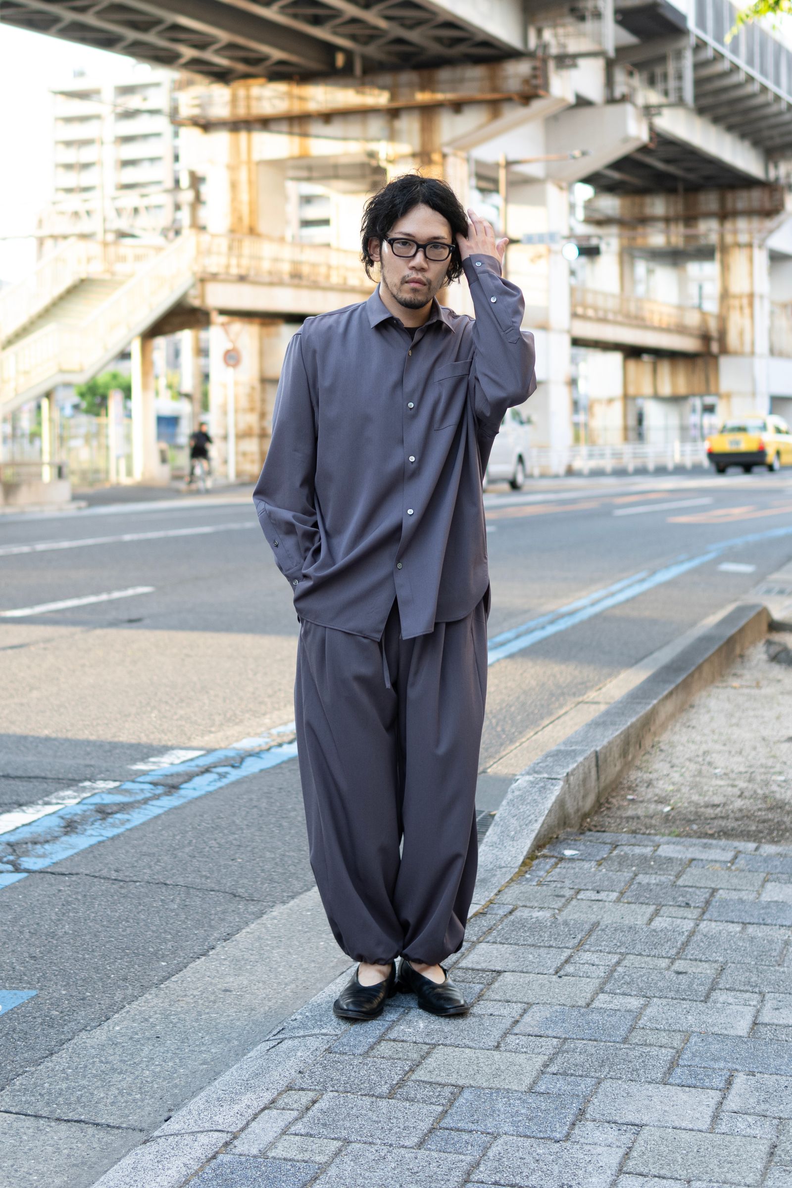 Blanc YM - Wool Gabardine Wide Shirt / Comet Gray | Retikle Online Store