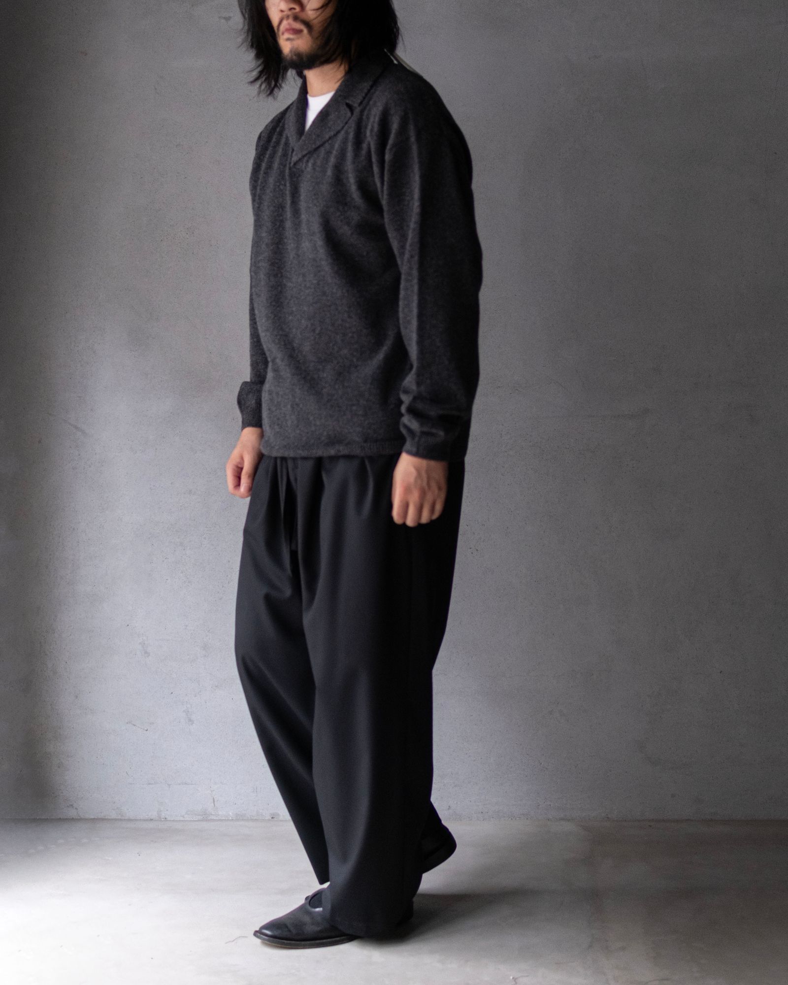 Wool Open Collar Knit Shirts / Gray