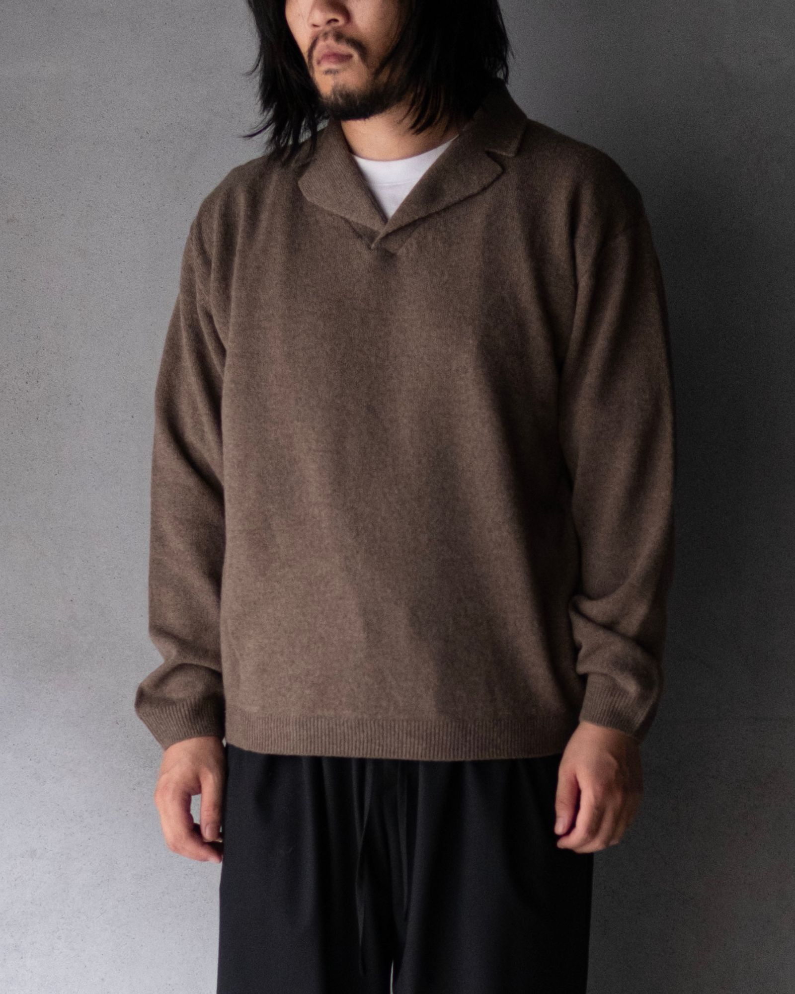 Wool Open Collar Knit Shirts / Brown