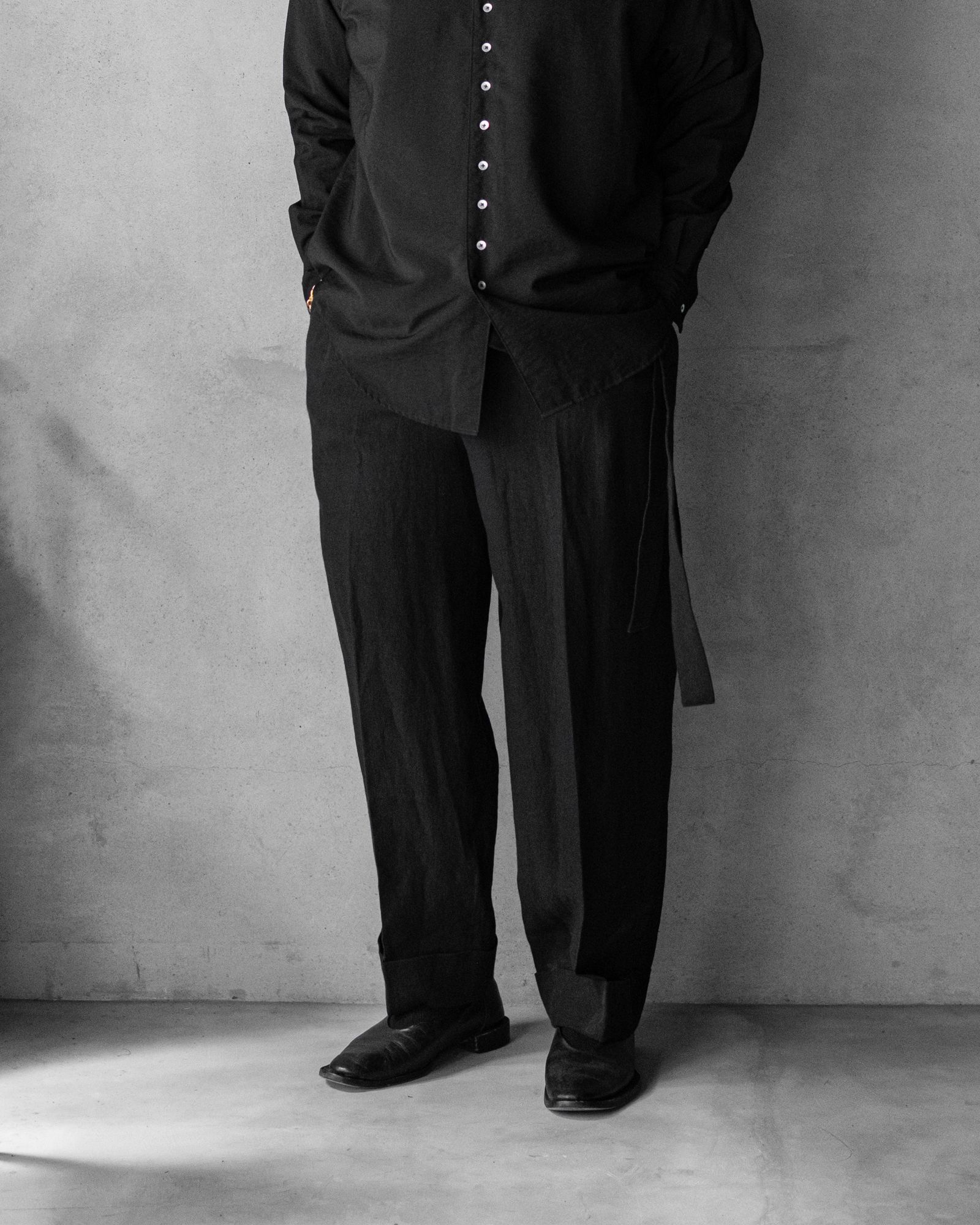 Linen Double Hem Pants with Matching Belt / Black