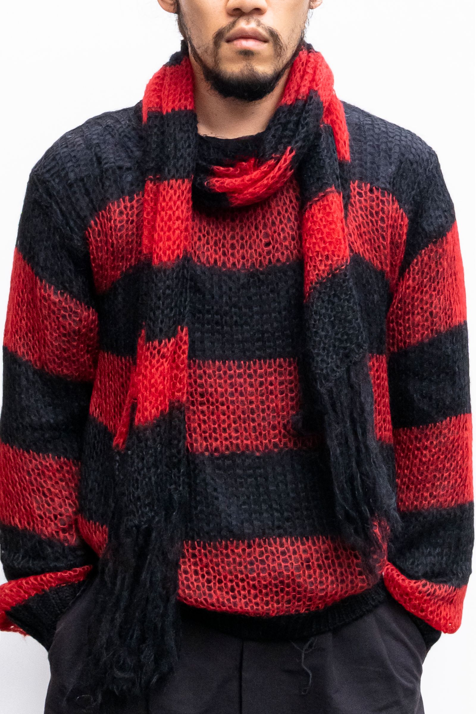 SUGARHILL - MOHAIR LOOSE STRIPE MUFFLER / RED | Retikle Online Store