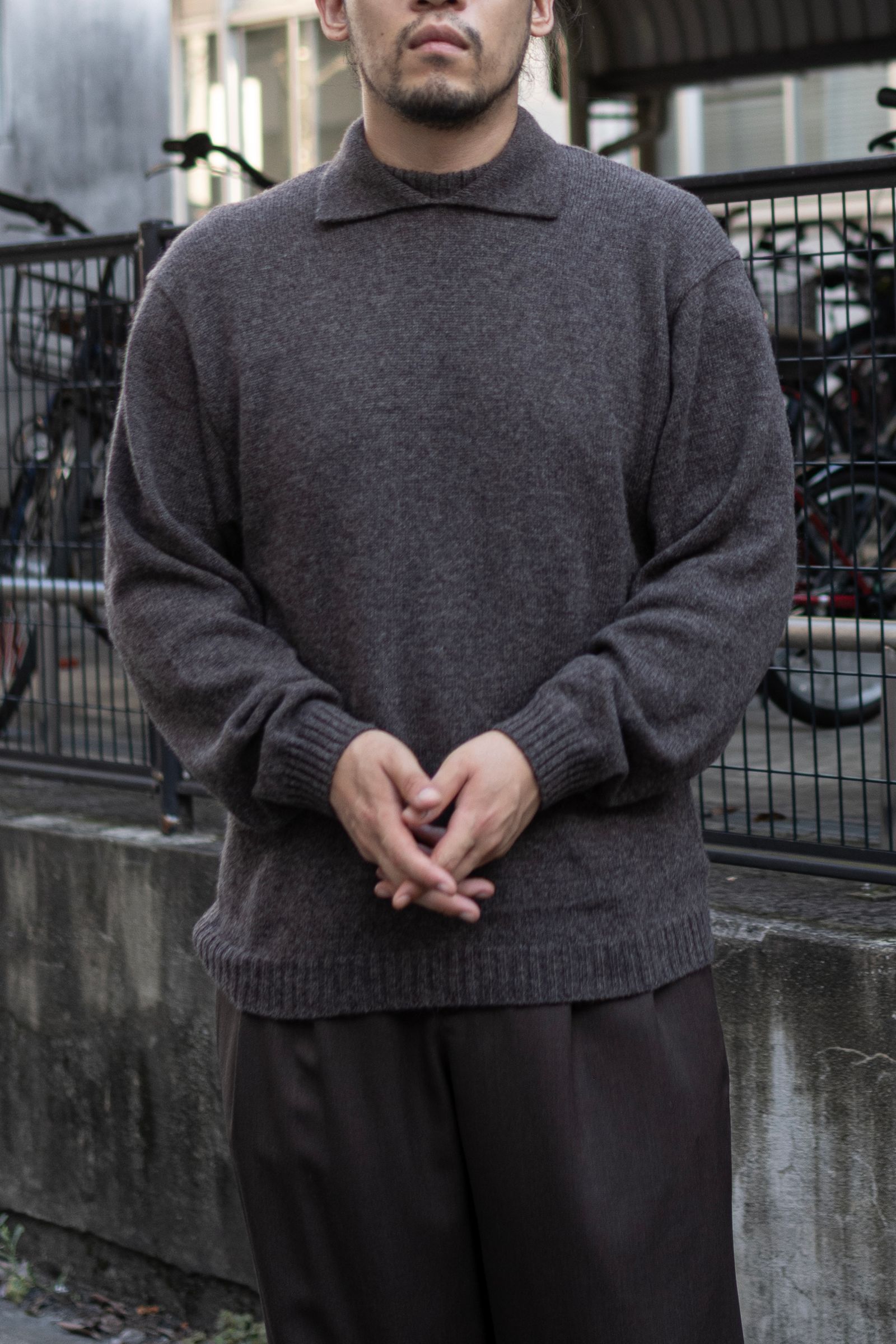 ALPACA POLO COLLAR KNIT SHIRT / BROWN