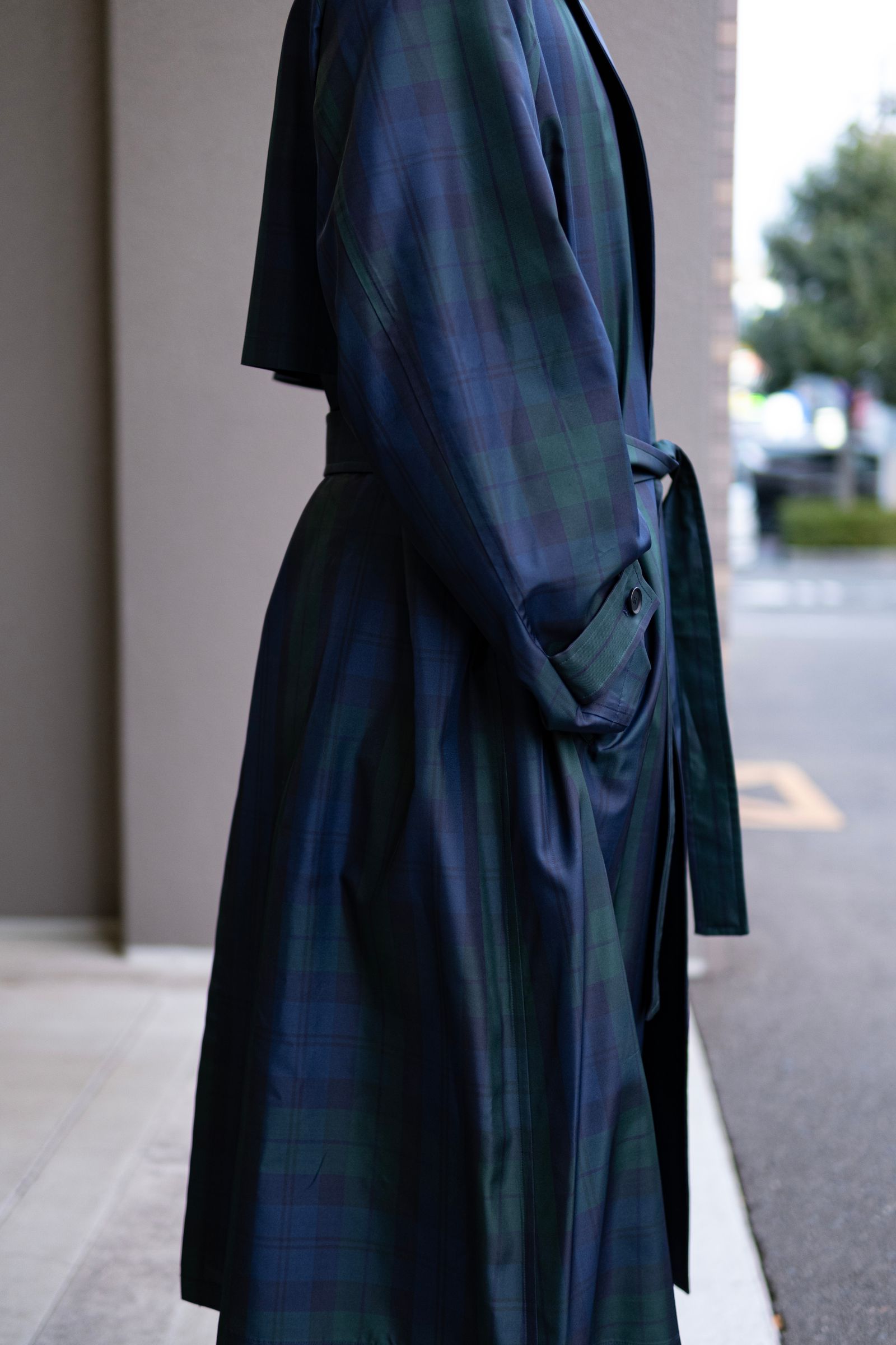 Blanc YM - Silk Black Watch Wrap Trench Coat / Blue×Green