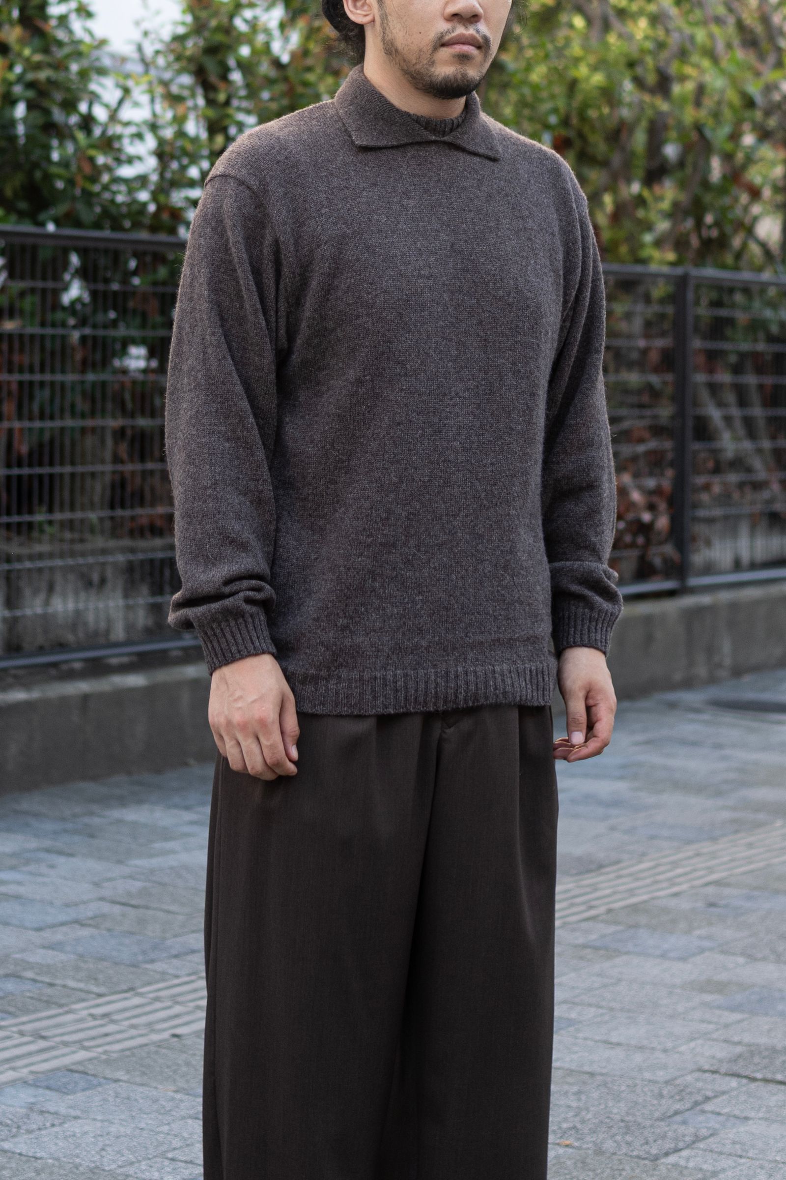 ALPACA POLO COLLAR KNIT SHIRT / BROWN