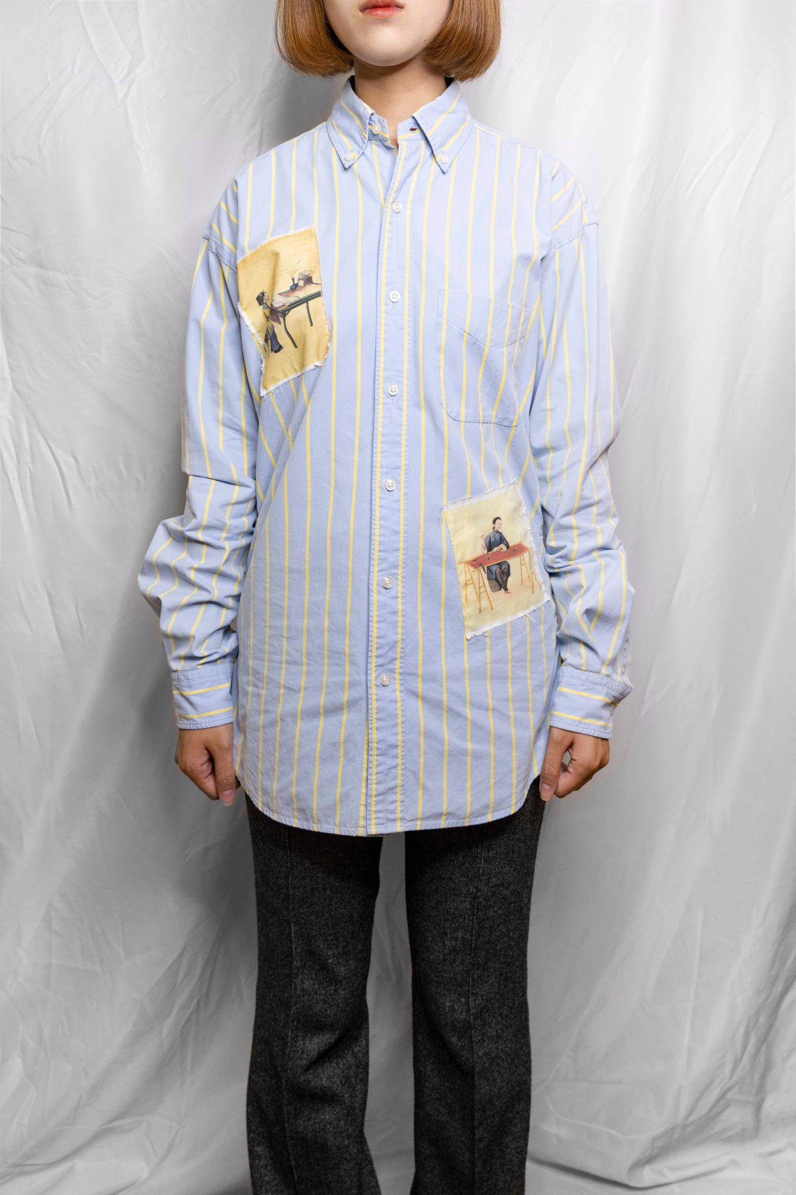 No Attention Remake line - JAPAN remake blue stripe patch shirts